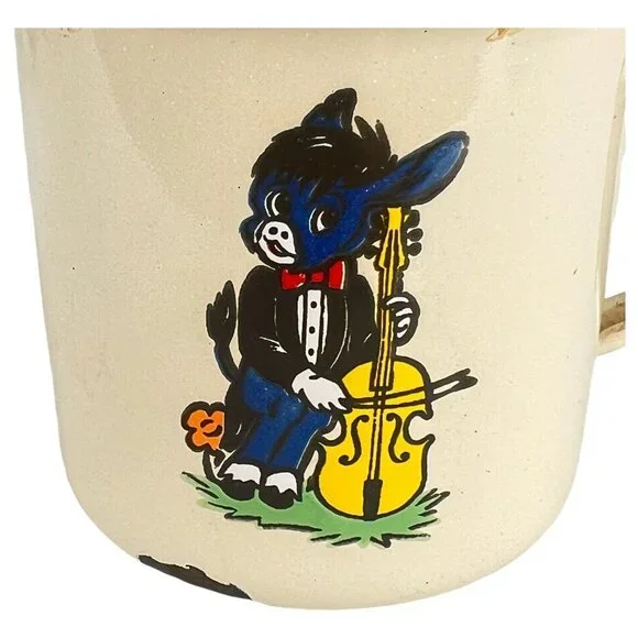 Vintage Enamel Childrens Mug Donkey Playing Cello Cup Novelty - Picture 4 of 10